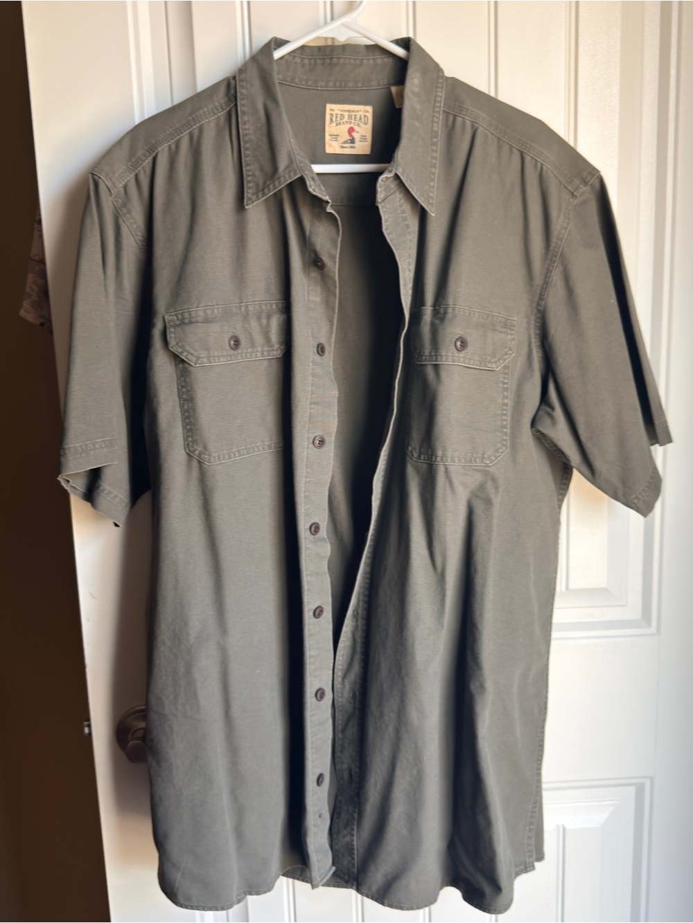 RedHead Men's Short Sleeve Button-Front Work Shirt in Olive Green